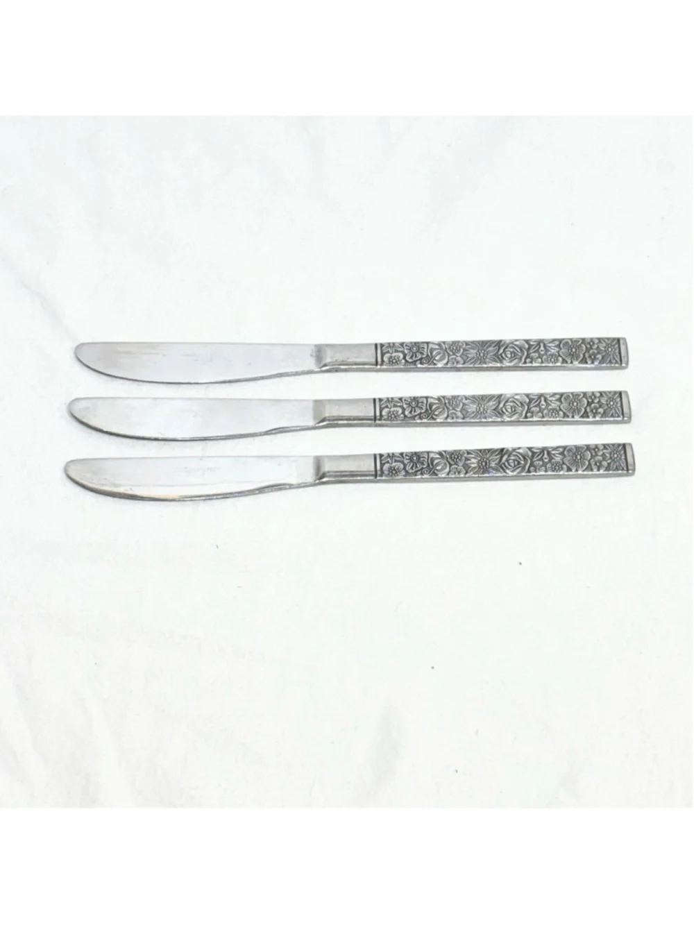 VTG Set of 3 Stainless Steel Japan Floral Rose Handle Dinner Knives Flatware MCM